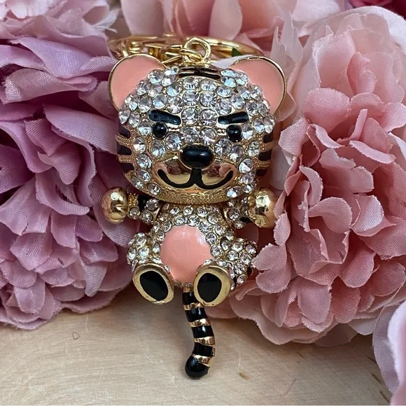 Peach and Silver Crystal Gold Tiger Keychain Charm - Picture 5 of 9